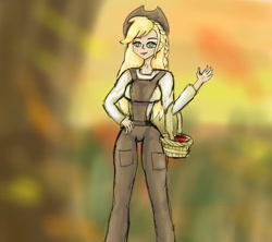 Size: 900x800 | Tagged: safe, imported from derpibooru, applejack, human, apple, applejack day, applejack's hat, autumn, basket, clothes, country applejack, cowboy hat, food, hat, humanized, overalls, pretty