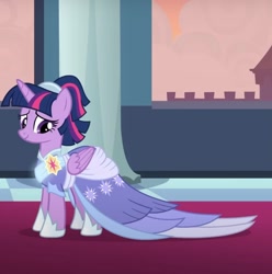 Size: 1127x1134 | Tagged: safe, imported from derpibooru, screencap, twilight sparkle, alicorn, pony, the last problem, alternate hairstyle, canterlot castle, carpet, castle, clothes, coronation dress, cropped, dress, elegant, evening, female, gown, looking down, mare, red carpet, regal, sash, second coronation dress, solo, twilight sparkle (alicorn)