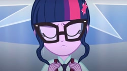 Size: 2160x1209 | Tagged: safe, imported from derpibooru, screencap, sci-twi, twilight sparkle, human, equestria girls, clothes, crystal prep academy, crystal prep academy uniform, eyes closed, hair bun, my little pony equestria girls: friendship games, necktie, sad, school, school tie, school uniform, schoolgirl, solo, song, uniform, what more is out there