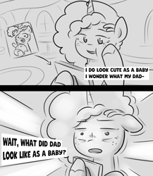 Size: 1920x2211 | Tagged: safe, artist:makaryo, imported from derpibooru, pony, unicorn, 2 panel comic, bust, comic, dialogue, female, filly, filly misty brightdawn, floppy ears, g5, grayscale, horn, implied alphabittle blossomforth, mare, misty brightdawn, monochrome, photo, solo, thought bubble, younger