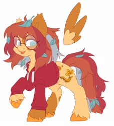 Size: 2505x2757 | Tagged: safe, artist:cheekipone, oc, oc only, pegasus, pony, :p, clothes, cutie mark, female, glasses, hair tie, hoodie, leaves, mare, pegasus oc, raised hoof, simple background, solo, standing, tongue out, unshorn fetlocks, white background, wings