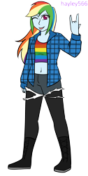 Size: 1480x2928 | Tagged: safe, artist:hayley566, imported from derpibooru, rainbow dash, equestria girls, '90s, :p, belly, belly button, boots, clothes, commission, female, flannel, midriff, one eye closed, shoes, shorts, simple background, socks, solo, sports bra, stockings, thigh highs, tongue out, torn clothes, transparent background, wink