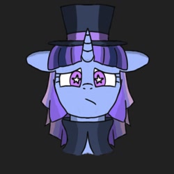 Size: 1000x1000 | Tagged: safe, artist:symphonydawn3, imported from derpibooru, oc, oc only, oc:flawless sparklemoon, pony, unicorn, clothes, female, fusion, fusion:trixie, fusion:twilight sparkle, fusion:twixie, hat, horn, mare, my little pony the movie: the death of twilight sparkle, redemption, sad, simple background, solo