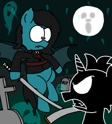 Size: 3023x3351 | Tagged: safe, artist:professorventurer, imported from derpibooru, bat pony, unicorn, combat, face, full moon, graveyard, halloween, holiday, horn, katana, man in the moon, moon, oc name needed, requested art, scythe, soul, sword, weapon