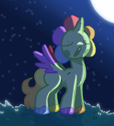 Size: 773x851 | Tagged: safe, artist:zhonva, imported from derpibooru, alicorn, pony, dandy (dandy's world), dandy's world, flower, grass, horn, male, moon, night, outdoors, petals, ponified, roblox, rule 85, solo, stallion, stars, unshorn fetlocks, wings