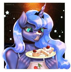 Size: 1231x1249 | Tagged: safe, artist:mdwines, princess luna, anthro, breasts, cake, cherry, clothes, female, food, tongue out