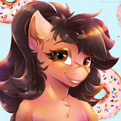 Size: 1024x1024 | Tagged: safe, artist:mdwines, oc, oc only, pony, bust, chest fluff, donut, female, food, looking at you, smiling