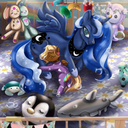 Size: 1280x1280 | Tagged: safe, artist:mdwines, princess luna, oc, oc only, original species, plush pony, clothes, cuddling, cute, dial, eyes closed, foal, pajamas, plushie