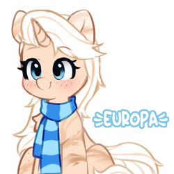 Size: 1000x1000 | Tagged: safe, artist:stablegrass, imported from derpibooru, oc, oc:europa, pony, unicorn, clothes, female, freckles, horn, mare, scarf, simple background, smiling, solo, unicorn oc, white background