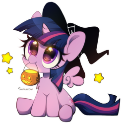 Size: 1265x1287 | Tagged: safe, artist:avrameow, imported from derpibooru, twilight sparkle, alicorn, pony, chest fluff, commission, cute, female, floating wings, halloween, hat, holiday, looking up, mare, mouth hold, pumpkin bucket, simple background, sitting, solo, stars, transparent background, twiabetes, twilight sparkle (alicorn), wings, witch hat, ych example, your character here