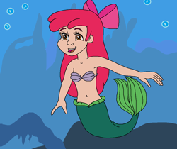 Size: 984x828 | Tagged: safe, artist:ocean lover, imported from derpibooru, apple bloom, human, mermaid, adorabloom, amber eyes, apple bloom's bow, bare shoulders, belly, belly button, boulder, bow, bra, bubble, cheerful, child, clothes, crossover, cute, disney, disney princess, excited, fins, fish tail, hair bow, happy, human coloration, humanized, innocent, light skin, mermaid princess, mermaid tail, mermaidized, ms paint, ocean, open mouth, open smile, princess ariel, red bow, red hair, redhead, rock, seashell, seashell bra, smiling, species swap, swimming, tail, tail fin, the little mermaid, underwater, underwear, water