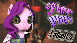 Size: 1920x1080 | Tagged: safe, artist:pika-robo, imported from derpibooru, pipp petals, dog, pegasus, pony, series:pipp plays, 3d, clothes, dogmeat, fake thumbnail, fallout, fallout 4, female, folded wings, g5, g5 to g4, gamer pipp, gaming headset, generation leap, headset, jumpsuit, let's play, looking at you, mare, smiling, source filmmaker, synth, vault suit, wings, youtube thumbnail