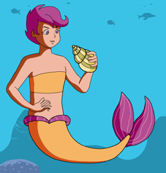 Size: 1210x1262 | Tagged: safe, artist:ocean lover, imported from derpibooru, scootaloo, fish, human, mermaid, season 8, surf and/or turf, spoiler:s08, bandeau, bare midriff, bare shoulders, belly, belly button, boulder, child, curious, cute, cutealoo, exploring, fins, fish tail, humanized, looking at something, mermaid lovers, mermaid tail, mermaidized, midriff, moderate dark skin, ms paint, ocean, purple eyes, purple hair, sea creature, seashell, shell, short hair, species swap, swimming, tail, tail fin, tomboy, underwater, water