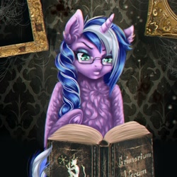 Size: 1280x1280 | Tagged: safe, artist:mdwines, oc, oc only, pony, book, female, glasses, mare, reading, solo