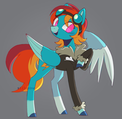 Size: 1488x1453 | Tagged: safe, artist:sillyp0ne, imported from derpibooru, rainbow dash, oc, pegasus, pony, alternate cutie mark, alternate design, alternate hairstyle, big eyes, blue coat, blue wingtips, bomber jacket, chipped tooth, clothes, coat markings, colored hooves, colored pinnae, colored wings, colored wingtips, eye clipping through hair, eyebrows, eyebrows visible through hair, eyelashes, facial markings, female, goggles, goggles on head, gray background, hooves, jacket, long legs, looking away, mare, no pupils, one wing out, open mouth, open smile, pegasus oc, pink eyes, redesign, short hair rainbow dash, short mane, signature, simple background, smiling, snip (coat marking), socks (coat markings), solo, spread wings, standing on three hooves, tallerdash, thin legs, three quarter view, three toned mane, three toned tail, turned head, two toned wings, wings