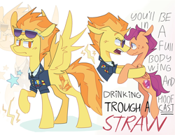 Size: 2048x1581 | Tagged: safe, artist:volchok, imported from derpibooru, scootaloo, spitfire, pegasus, pony, clothes, duo, duo female, female, filly, foal, lightning, mare, military uniform, screaming, simple background, stars, sunglasses, sweat, uniform, white background, wonderbolts dress uniform, yelling, zoom layer