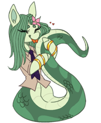 Size: 853x1030 | Tagged: safe, artist:frazy, imported from derpibooru, oc, oc only, oc:lamey, lamia, original species, snake, snake pony, :p, bracelet, clothes, eyes closed, female, flower, flower in hair, forked tongue, gold bracelet, hug, jewelry, long hair, mare, necktie, snakepony, solo, tongue out