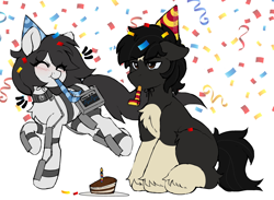 Size: 3140x2296 | Tagged: safe, artist:stablegrass, imported from derpibooru, oc, oc:milly, oc:stable, earth pony, pony, birthday, birthday cake, blushing, cake, candle, chest fluff, choker, coat markings, colored belly, colored hooves, confetti, duo, duo male and female, earth pony oc, emanata, exosuit, female, food, hat, heart monitor, hooves, male, mare, party hat, party horn, plate, sitting, smiling, stallion, star mark, stars