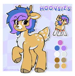 Size: 4029x4096 | Tagged: safe, artist:stablegrass, imported from derpibooru, oc, oc only, oc:hoovsies, deer, checkered background, chest fluff, clothes, coat markings, colored belly, deer oc, doe, female, freckles, non-pony oc, reference sheet, socks, solo