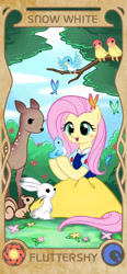 Size: 960x2077 | Tagged: source needed, safe, artist:apzzang, imported from derpibooru, fluttershy, bird, butterfly, deer, pegasus, pony, rabbit, squirrel, animal, clothes, cloud, cute, disney style, dress, female, flower, grass, snow white, solo, tree