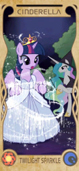 Size: 960x2077 | Tagged: source needed, safe, artist:apzzang, imported from derpibooru, princess celestia, twilight sparkle, alicorn, pony, cinderella, clothes, crown, cute, disney style, dress, duo, duo female, female, hat, jewelry, night, regalia, spread wings, tree, twilight sparkle (alicorn), wings