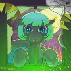 Size: 2500x2500 | Tagged: safe, artist:bilivrayka, imported from derpibooru, oc, oc only, oc:marigold blossom, lamia, original species, pony, snake, snake pony, blue eyes, fangs, female, halloween, holiday, looking at you, mare, moon, snake tail, solo, spider web, tail, tongue out