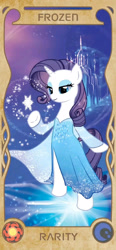 Size: 960x2077 | Tagged: source needed, safe, artist:apzzang, imported from derpibooru, rarity, pony, unicorn, bipedal, castle, clothes, cute, disney style, dress, female, frozen (movie), horn, ice, mare, snow, solo