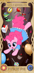 Size: 960x2077 | Tagged: source needed, safe, artist:apzzang, imported from derpibooru, gummy, pinkie pie, earth pony, pony, alice in wonderland, balloon, cake, candy, clothes, cute, disney style, dress, falling, female, food, solo