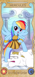 Size: 960x2077 | Tagged: source needed, safe, artist:apzzang, imported from derpibooru, bulk biceps, rainbow dash, pegasus, pony, armor, bipedal, clothes, cloud, cute, disney style, dress, duo, female, greek mythology, hercules, looking at you, male, mare, smiling, smiling at you, spread wings, stallion, wings