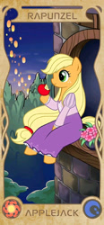 Size: 960x2077 | Tagged: source needed, safe, artist:apzzang, imported from derpibooru, applejack, pony, apple, clothes, cute, disney style, dress, female, flower, food, light, rapunzel, sitting, solo, tower, tree