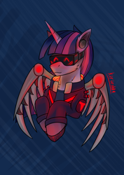 Size: 2480x3508 | Tagged: safe, artist:kirieshka, imported from derpibooru, twilight sparkle, alicorn, unicorn, amputee, artificial wings, augmented, cyberpunk, cyberpunk 2077, headphones, horn, implants, iron wings, mechanical wing, prosthesis, prosthetic limb, prosthetics, red, red eyes, visor, wings