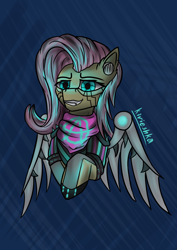 Size: 2480x3508 | Tagged: safe, artist:kirieshka, imported from derpibooru, fluttershy, pegasus, pony, amputee, anarchy, artificial wings, augmented, blue eyes, breasts, cyberpunk, cyberpunk 2077, delicious flat chest, flattershy, headphones, implants, iron wings, mechanical wing, neon, prosthesis, prosthetic limb, prosthetics, wings