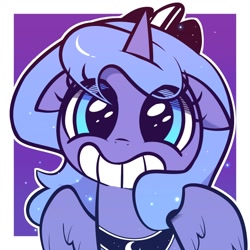 Size: 1000x1000 | Tagged: safe, artist:duvivi, imported from derpibooru, princess luna, alicorn, pony, bean mouth, crown, cute, female, filly, filly luna, foal, gradient background, grin, jewelry, looking at you, lunabetes, out of frame, outline, passepartout, purple background, regalia, simple background, smiling, solo, sparkles, spread wings, upper body, white outline, wings, woona, younger