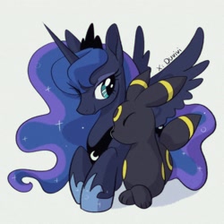 Size: 2048x2048 | Tagged: safe, artist:duvivi, imported from derpibooru, princess luna, alicorn, pony, umbreon, crown, cute, duo, eyes closed, female, jewelry, lunabetes, lying down, mare, no mouth, nuzzling, peytral, pokémon, prone, regalia, simple background, smiling, spread wings, white background, wings