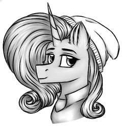 Size: 1407x1456 | Tagged: safe, artist:darklight1315, imported from derpibooru, oc, oc only, oc:mayday, pony, unicorn, fallout equestria, beanie, black and white, fallout equestria: mayday, female, grayscale, hat, horn, mare, monochrome, simple background, solo, white background