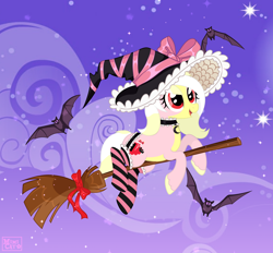 Size: 3000x2780 | Tagged: safe, artist:ghostpikachu, derpibooru exclusive, imported from derpibooru, oc, oc only, oc:carmen garcía, bat, earth pony, pony, base used, bow, broom, clothes, cloud, cute, female, flying, flying broomstick, garter belt, hat, jewelry, mare, night, night sky, nightmare night, ocbetes, outdoors, sky, socks, stars, striped socks, witch, witch hat