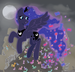 Size: 2000x1920 | Tagged: safe, artist:millionyearspony, imported from derpibooru, applejack, fluttershy, pinkie pie, princess luna, rainbow dash, rarity, twilight sparkle, earth pony, ghost, pegasus, pony, undead, unicorn, candy, cloud, crowd, female, flying, food, horn, house, mane six, mlp fim's fourteenth anniversary, moon, night, smiling, sparkles