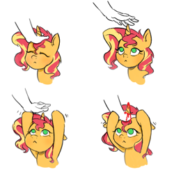 Size: 600x600 | Tagged: safe, anonymous artist, imported from derpibooru, sunset shimmer, human, pony, unicorn, behaving like a cat, blood, female, hand, horn, mare, petting, simple background, white background