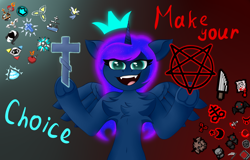 Size: 1920x1231 | Tagged: safe, artist:twinky, imported from derpibooru, princess luna, alicorn, pony, semi-anthro, chest fluff, cross, crown, female, horn, jewelry, looking at you, mare, pentagram, regalia, smiling, solo, the binding of isaac, wings