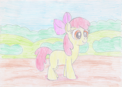 Size: 3491x2475 | Tagged: safe, artist:platinumdrop, imported from derpibooru, apple bloom, earth pony, pony, colored pencil drawing, female, filly, foal, high res, solo, traditional art