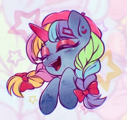 Size: 1280x1209 | Tagged: safe, artist:seurnik, imported from derpibooru, oc, oc only, unicorn, bow, bust, colored, cute, digital art, eyes closed, female, filly, foal, horn, mare, ponysona, portrait, rainbow, smiling, solo, stars