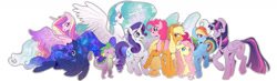 Size: 1400x407 | Tagged: artist needed, safe, imported from derpibooru, applejack, fluttershy, pinkie pie, princess cadance, princess celestia, princess luna, rainbow dash, rarity, spike, twilight sparkle, alicorn, earth pony, pegasus, pony, unicorn, cutie mark, female, hat, horn, mane six, mare, open mouth, simple background, twilight sparkle (alicorn), white background