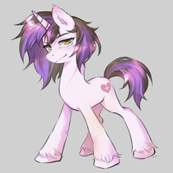 Size: 2048x2048 | Tagged: safe, artist:goldenage2049, imported from derpibooru, oc, oc:golden age, pony, unicorn, female, gray background, horn, looking at you, mare, simple background, smiling, solo, unicorn oc, unshorn fetlocks