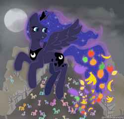 Size: 2000x1920 | Tagged: safe, alternate version, artist:millionyearspony, imported from derpibooru, applejack, fluttershy, pinkie pie, princess luna, rainbow dash, rarity, twilight sparkle, alicorn, earth pony, ghost, pegasus, pony, undead, unicorn, apple, banana, cloud, concave belly, crowd, female, flying, food, fruit, grapes, horn, house, lemon, mane six, mare, moon, night, orange, pineapple, slender, smiling, sparkles, thin