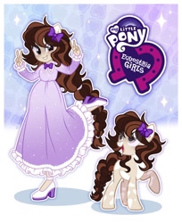 Size: 1280x1566 | Tagged: safe, artist:seurnik, imported from derpibooru, oc, oc only, oc:femmie, earth pony, equestria girls, beige coat, brown hair, brown mane, canonical art style, clothes, dress, freckles, gray eyes, long hair, pigtails, solo, style emulation