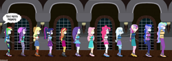 Size: 7000x2500 | Tagged: safe, artist:robukun, imported from derpibooru, applejack, fluttershy, pinkie pie, princess cadance, princess celestia, princess luna, rainbow dash, rarity, sci-twi, starlight glimmer, sunset shimmer, trixie, twilight sparkle, equestria girls, dean cadance, gag, humane five, humane seven, humane six, principal celestia, vice principal luna