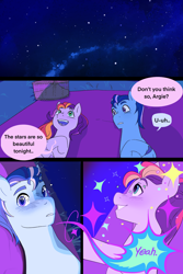 Size: 1572x2357 | Tagged: safe, artist:aztrial, imported from derpibooru, earth pony, pony, argyle starshine, comic, duo, duo male and female, female, g5, grin, lying down, male, mare, on back, open mouth, open smile, shipping, smiling, sparkles, stallion, stargazing, starry eyes, starry night, stars, straight, unitober 2024, velvet starscout, wingding eyes, younger