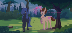 Size: 1240x580 | Tagged: safe, artist:tazzy-girl, imported from derpibooru, oc, oc only, oc:neigh sayer, oc:think pink, earth pony, pony, unicorn, female, flower, forest, horn, magic, male, mare, nature, neink, oc x oc, rose, shipping, stallion, straight, tree