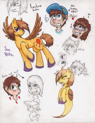 Size: 1236x1591 | Tagged: safe, artist:tazzy-girl, imported from derpibooru, oc, oc:sun blitz, cat, human, pegasus, pony, sketch, traditional art