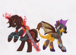 Size: 1550x1130 | Tagged: safe, artist:tazzy-girl, imported from derpibooru, oc, oc only, oc:qahkriian, oc:sun blitz, dracony, dragon, hybrid, pony, unicorn, armor, horn, magic, male, stallion, sword, traditional art, weapon